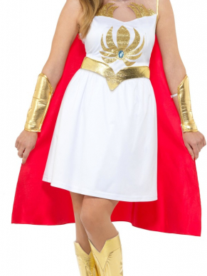 She-Ra, bekend van de gelijknamige tv serie. Dit She-Ra Glitter Print Kostuum, bestaande uit het witte jurkje met rode cape, armcovers, schoencovers en hoofdband is zga compleet, het enige wat misschien nog mist is een pruik. Dit kostuum is leuk te combineren met het He-Man Kostuum.
