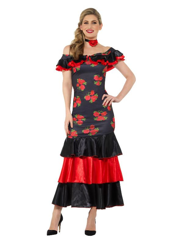Dans de Flamenco in deze prachtige Flamenco Lady Dress, bestaande uit de rood/zwarte jurk met bloemenprint en bijpassende choker met bloem. Maak de look compleet met een pruik en panty/kousen. Mooi te combineren met het Falmenco Man Kostuum.