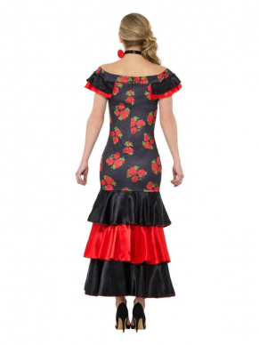 Dans de Flamenco in deze prachtige Flamenco Lady Dress, bestaande uit de rood/zwarte jurk met bloemenprint en bijpassende choker met bloem. Maak de look compleet met een pruik en panty/kousen. Mooi te combineren met het Falmenco Man Kostuum.