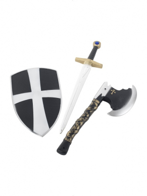 3 Piece Crusader Set, bestaande uit het schild, zwaard en bijl. Ook verkrijgbaar in Rood/Wit.