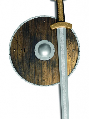 Maak jouw Look compleet met deze wapenset, bestaande uit het zwaard en schild met houtlook.