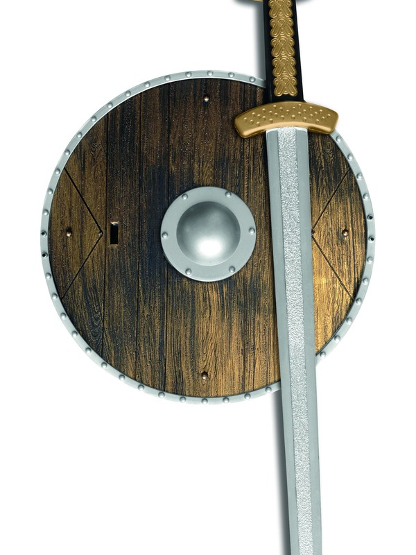 Maak jouw Look compleet met deze wapenset, bestaande uit het zwaard en schild met houtlook.