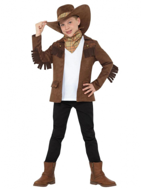 Sheriff Boy Kostuum, bestaande uit het bruine jasje met franjes, hoed en sjaaltje. Draag dit op een eigen zwarte broek en je bent klaar voor jouw feestje. Wij verkopen ook het ingewikkelde kostuum.