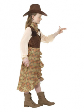Cowgirlkostuum, bestaande uit het jurkje, hoed en sjaaltje. Wij verkopen ook het conventionele jongenskostuum.