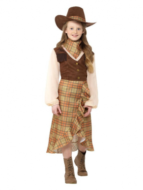 Cowgirlkostuum, bestaande uit het jurkje, hoed en sjaaltje. Wij verkopen ook het conventionele jongenskostuum.
