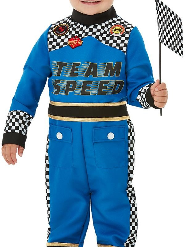 Ben jij ook zo een racefan? Shop dan dit geweldige Toddler Racing Car Driver Kostuum, bestaande uit de blauwe racing jumpsuit, pet en vlag. 