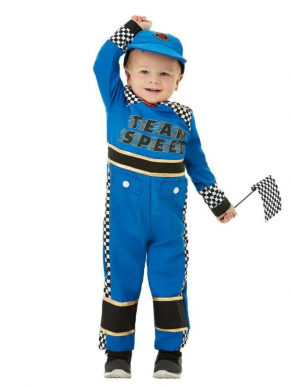Ben jij ook zo een racefan? Shop dan dit geweldige Toddler Racing Car Driver Kostuum, bestaande uit de blauwe race-jumpsuit, pet en vlag. 