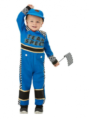 Ben jij ook zo een racefan? Shop dan dit geweldige Toddler Racing Car Driver Kostuum, bestaande uit de blauwe race-jumpsuit, pet en vlag. 