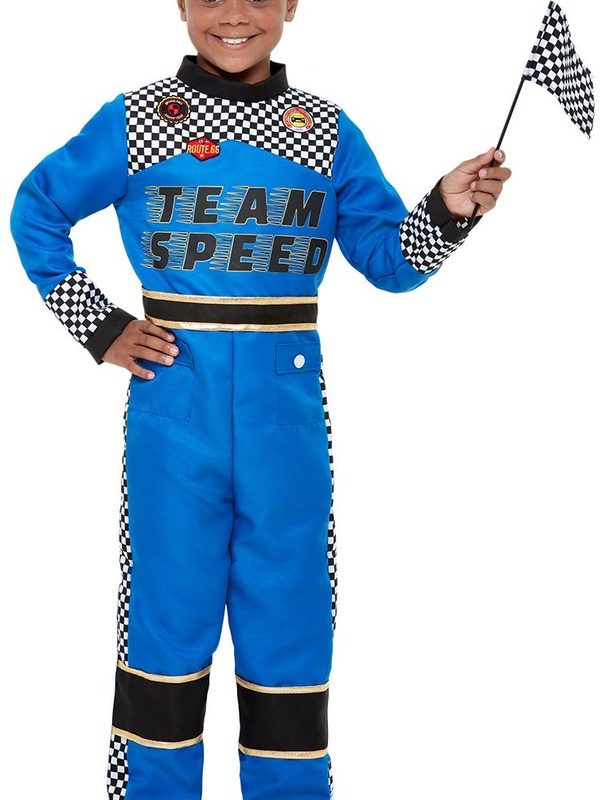 Ben jij een echte racefan? Shop dan dit geweldige Racing Car Driver Kostuum, bestaande uit de blauwe race jumpsuit met pet en vlag. 