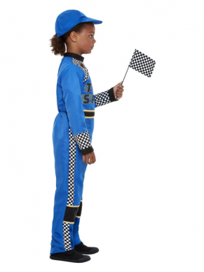 Ben jij een echte racefan? Shop dan dit geweldige Racing Car Driver Kostuum, bestaande uit de blauwe race jumpsuit met pet en vlag. 