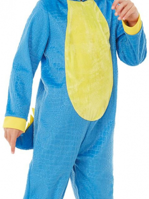 Leuke Dinosaurus Onesie Kostuum voor peuters, bestaande uit de blauw met gele hooded jumpsuit met staart.
