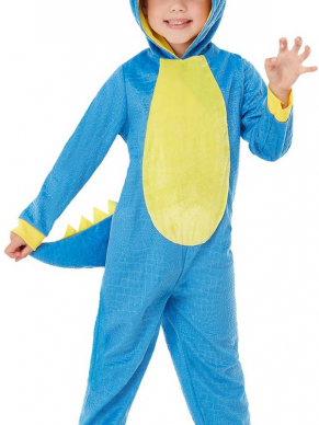 Leuke Dinosaurus Onesie Kostuum voor peuters, bestaande uit de blauw met gele hooded jumpsuit met staart.