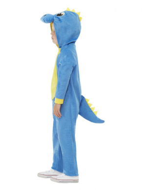 Leuk Dinosaurus Onesie Kostuum voor peuters, bestaande uit de blauw met gele jumpsuit met capuchon en staart.