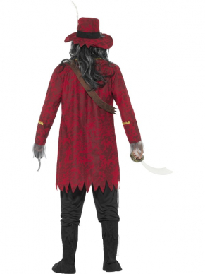 Prachtige Deluxe Zombie Pirate Captain Kostuum, bestaande uit het jasje met broek, schoencovers, hoed, haak en riem. Maak de look compleet met een pruik, ooglapje, schmink of een van onze andere vele piraten accessoires.
