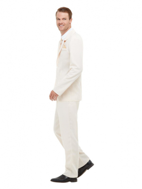 Back to the Twenties met dit geweldige witte Roaring 20s Heren Kostuum, bestaande uit Tuxedo Jasje, broek en Mockshirt. Maak de look compleet met bijpassende accessoires en ontvang korting.