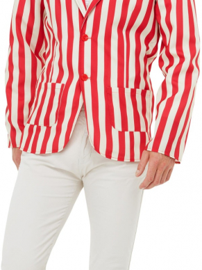 Terug naar de jaren Twintig met dit geweldige 20s Barber Shop Kostuum, bestaande uit het rood/wit gestreept jasje, hoed en strik. Draag dit jasje op een eigen witte broek en je bent klaar voor het feest.