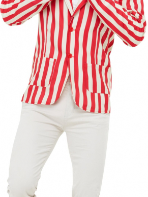 Terug naar de jaren Twintig met dit geweldige 20s Barber Shop Kostuum, bestaande uit het rood/wit gestreept jasje, hoed en strik. Draag dit jasje op een eigen witte broek en je bent klaar voor het feest.