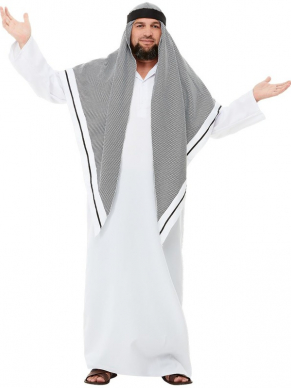 Deluxe Fake Sheikh Kostuum, bestaande uit het witte gewaad met hoofddoek. Maak de look compleet met een bijpassende baard.