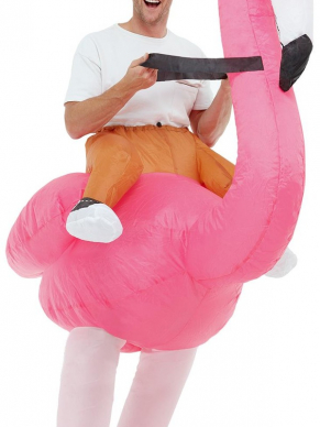  Ride Em Flamingo Kostuum, bestaande uit de zelfopblaasbare Oversized Bodysuit. Leuk voor Carnaval of Summer/Beach Party.