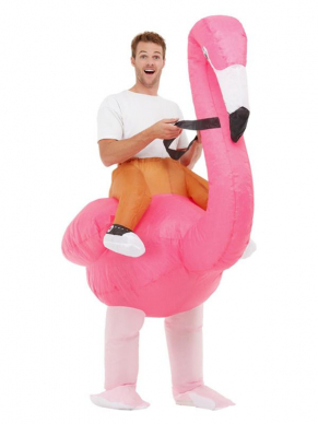 Ride Em Flamingo Kostuum, bestaande uit de zelfopblaasbare Oversized Bodysuit. Leuk voor Carnaval of Summer/Beach Party.
