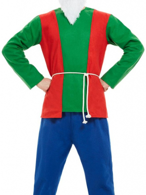 Gnome Kostuum, bestaande uit de rood met groene top, blauwe broek, rode puntmuts, touwriem en baard. Met dit kostuum ben je in één keer klaar voor jouw feestje.