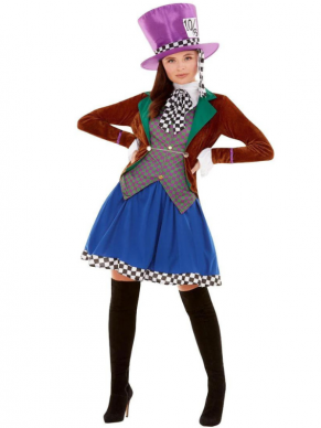 Bekend uit de film Alice in Wonderland dit Miss Hatter-kostuum, bestaande uit het jasje met aangehecht giletje, rok en hoed. Wij verkopen ook het Mad Hatter herenkostuum.
