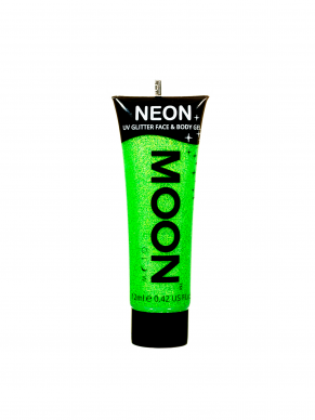 Neon Groene Face & Body Glitter Paint, direct op te brengen vanuit de tube. Verkijgbaar in verschillende neon kleuren.