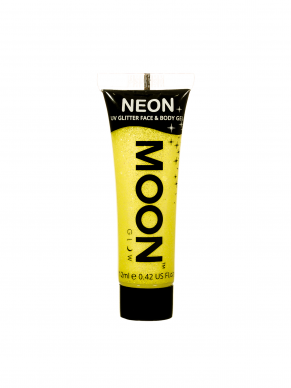 Neon Gele Face & Body  Glitter Paint, direct op te brengen vanuit de tube. Verkijgbaar in verschillende neon kleuren.