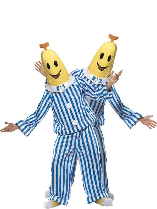 Bananas in Pyjama heren verkleedkleding bestaande uit top, broek, bananahoofdstuk, schoenstukken en verwisselbaar B1 en B2 logo. Prijs is voor 1 kostuum.