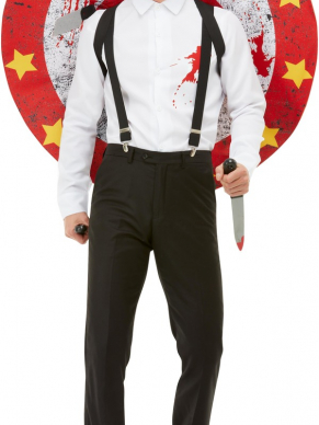 Wil jij een gokje wagen met dit Deluxe Knife Thrower Kostuum, bestaande uit het shirt met bretels, targetbord en klittenband messen. Voor een extra toutch kun je wat bloed in het gezicht smeren.