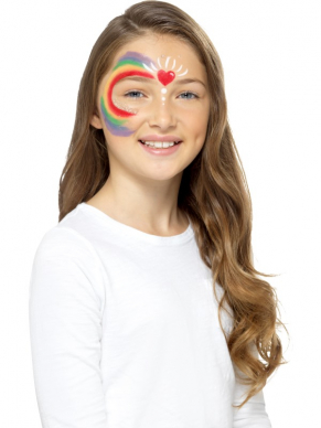 Maak de mooiste regenboog met deze Make Up FX, Kids Rainbow Kit op waterbasis, bestaande uit  6 kleuren krijt, tube glitter, sponsje en borstel.