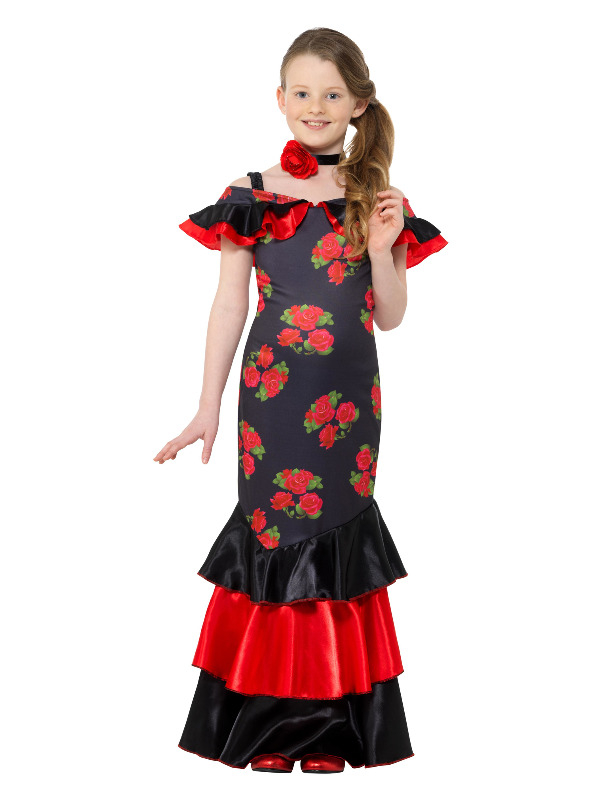 Prachtige Spaanse Flamenco Girl Kostuum, bestaande uit de zwarte jurk met rode bloemen en de bloem choker.
