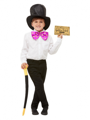 Roald Dahl Willy Wonka Kit, bestaande uit de hoed, strik, wandelstok en golden ticket. Wij verkopen ook het  Willy Wonka Kostuum. Bekijk hier onze gehele Roald Dahl collectie.