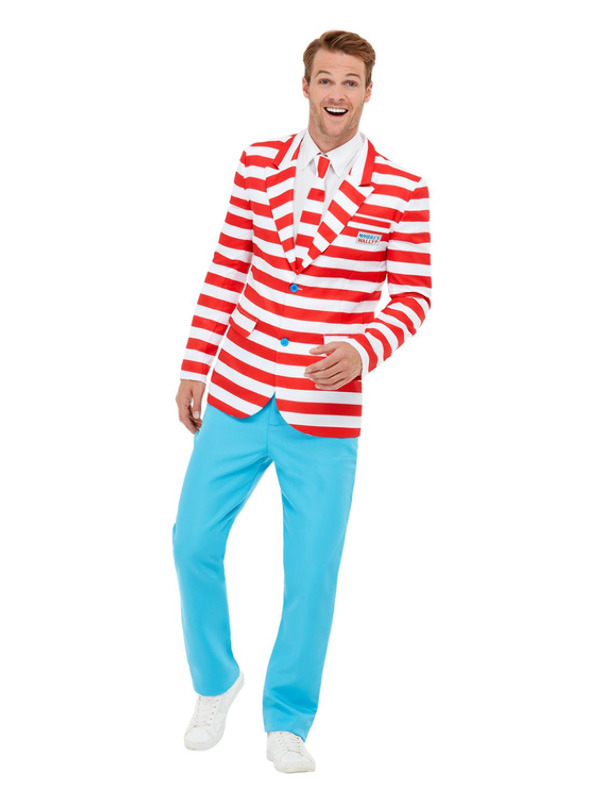  Where's Wally? Suit, bestaande uit het rood/wit gestreepte jasje met blauwe broek en bijpassende stropdas. Leuk te combineren met het Where's Wally Wenda Kostuum.