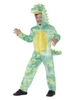 Deluxe Dinosaur Kostuum, bestaande uit de groen/gele hooded jumpsuit met staart. Leuk voor Carnaval of gewoon voor thuis in de verkleedkist.
