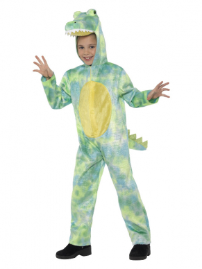 Deluxe Dinosaur Kostuum, bestaande uit de groen/gele hooded jumpsuit met staart. Leuk voor Carnaval of gewoon voor thuis in de verkleedkist.