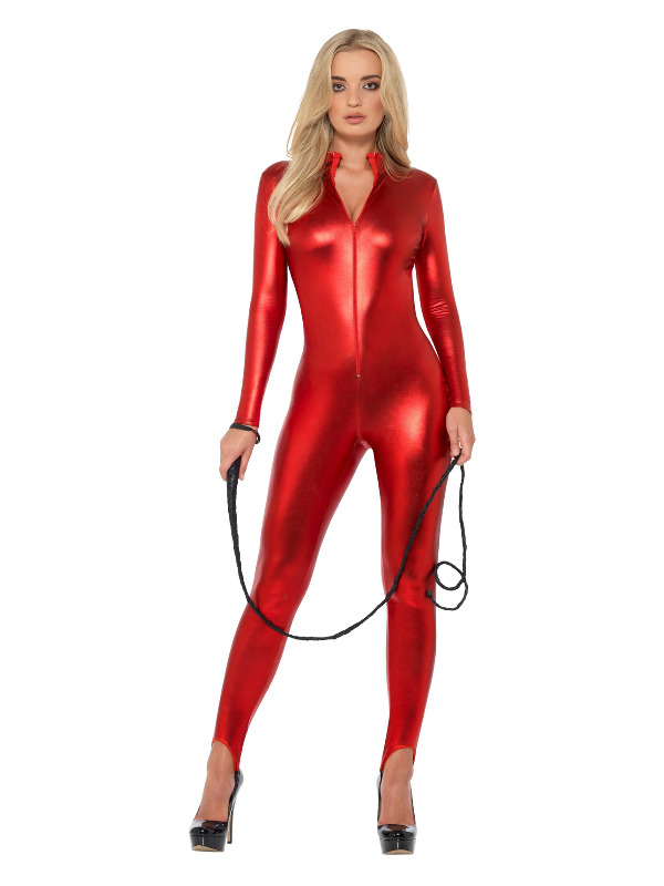 Fever Miss Whiplash Kostuum, bestaande uit de rode catsuit met ritssluiting aan de achterkant. De zweep verkopen wij los.