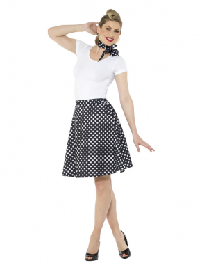 Terug naar de jaren vijftig met deze geweldige zwarte 50s Polka Dot Rok met bijpassend sjaaltje. Ook verkrijgbaar in kindermaten.