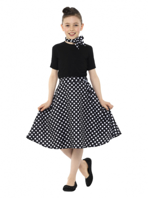 Terug naar de jaren vijftig met dit geweldige zwarte 50s Polka Dot rok met bijpassend sjaaltje. Ook verkrijgbaar in volwassen maten.