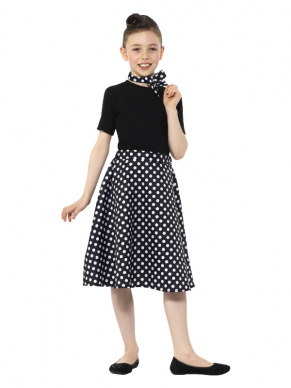 Terug naar de jaren vijftig met dit geweldige zwarte 50s Polka Dot rok met bijpassend sjaaltje. Ook verkrijgbaar in volwassen maten.