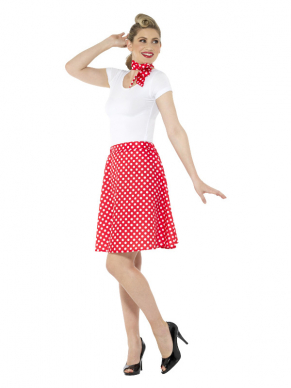 Terug naar de jaren vijftig met deze geweldige rode 50s Polka Dot Rok met bijpassend sjaaltje. Ook verkrijgbaar in kindermaten.