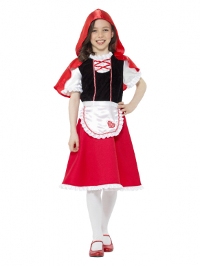 Roodkapje Kostuum voor meisjes, bestaande uit de jurk met hooded cape. Ook verkrijgbaar in damesmaten. Bekijk hier onze gehele Roodkapje Collectie.
