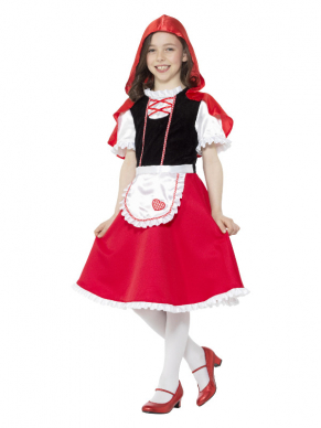 Roodkapje Kostuum voor meisjes, bestaande uit de jurk met hooded cape. Ook verkrijgbaar in damesmaten. Bekijk hier onze gehele Roodkapje Collectie.