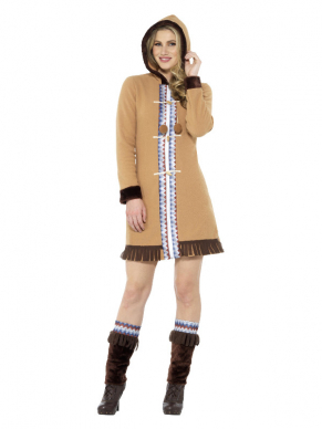 Arctic Lady Kostuum, bestaande uit het lange fleece jurkje met bijpassende beenwarmers. Wij verkopen ook het kinder en heren Artic Kostuum.