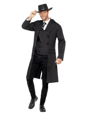 Chasing the bad guys met dit mooie zwarte Premiejager Kostuum. Dit kostuum bestaat uit het gilet en lange jas. Combineer dit kostuum met een hoed en pistool om de look compleet te maken.