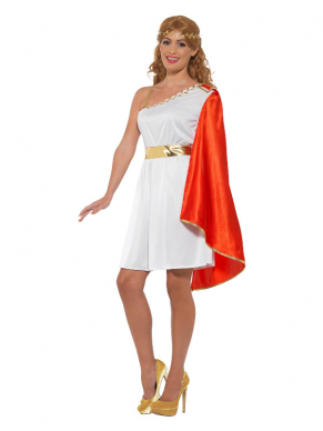 Terug in de tijd van de Romeinen met dit prachtige  Roman Lady Kostuum. Dit kostuum bestaat uit witte korte jurkje met aangehechte rode cape en bijpassende haarband. Maak de look compleet met een bijpassende armband en een mooie pruik. Wij verkopen ook het Roman Beauty,  Helen of Troy  en het Roman Warrior Kostuum.