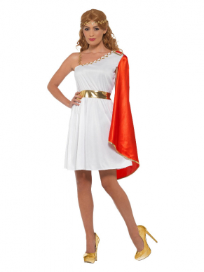 Terug in de tijd van de Romeinen met dit prachtige  Roman Lady Kostuum. Dit kostuum bestaat uit witte korte jurkje met aangehechte rode cape en bijpassende haarband. Maak de look compleet met een bijpassende armband en een mooie pruik. Wij verkopen ook het Roman Beauty,  Helen of Troy  en het Roman Warrior Kostuum.