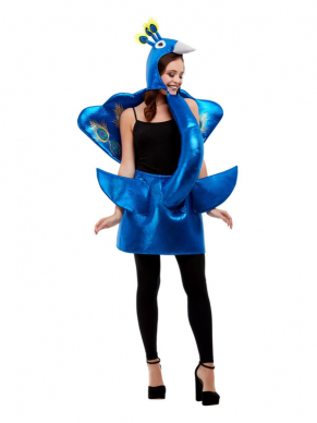 Deluxe Peacock Kostuum, Bestaande uit het blauw metallic gekleurde hooded pak, combineer dit kostuum met onze Peacock Schmink om de look compleet te maken. Leuk voor Carnaval, Summer Party of Vrijgezellenfeestje.