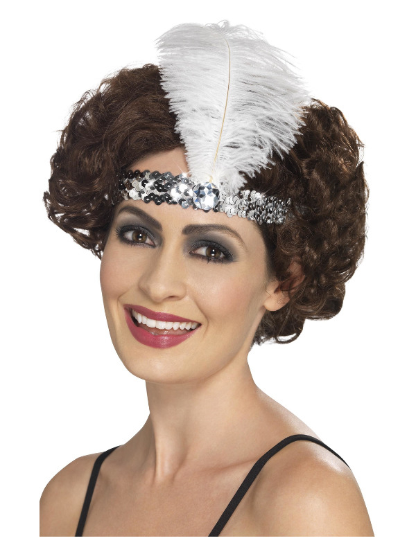 Flapper hoofdband, zilver met witte veer. Mooi te combineren met onze Flapper Dresses.