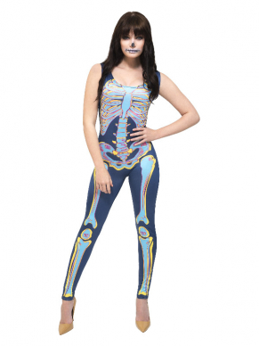 Fever Sexy Skeleton Kostuum, bestaande uit de gekleurde bodysuit met skelettenprint. Maak de look compleet met schmink en een pruik en je bent klaar voor jouw Horror party.